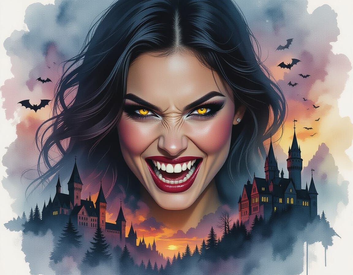 Ethereal Vampire Portrait with Watercolor Effects