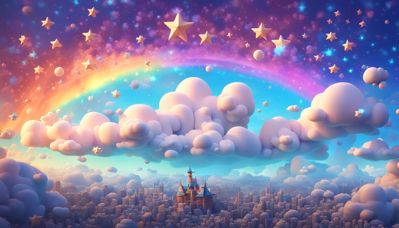 Cartoon Sky with Stars and Clouds in 3D Style