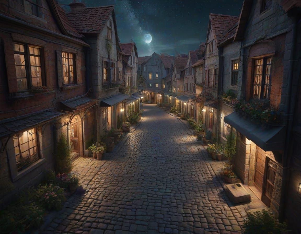 Fantasy Cobblestone Road Unfolds to a Distant Market Square ...