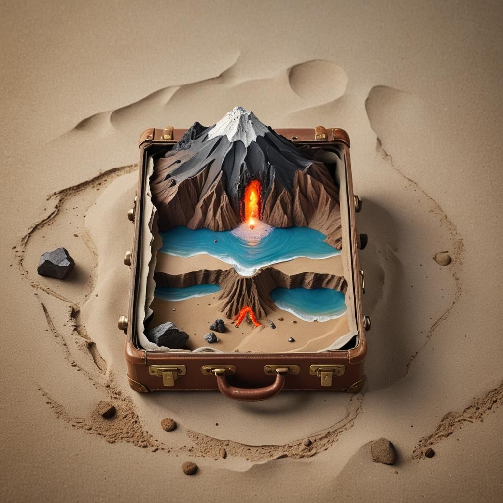 Volcano Eruption Inside Leather Suitcase: Fantasy Concept Ar...