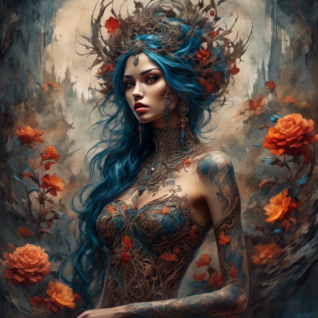 Colorful Neo-Traditional Tattoo Lady with Sweeping Hair