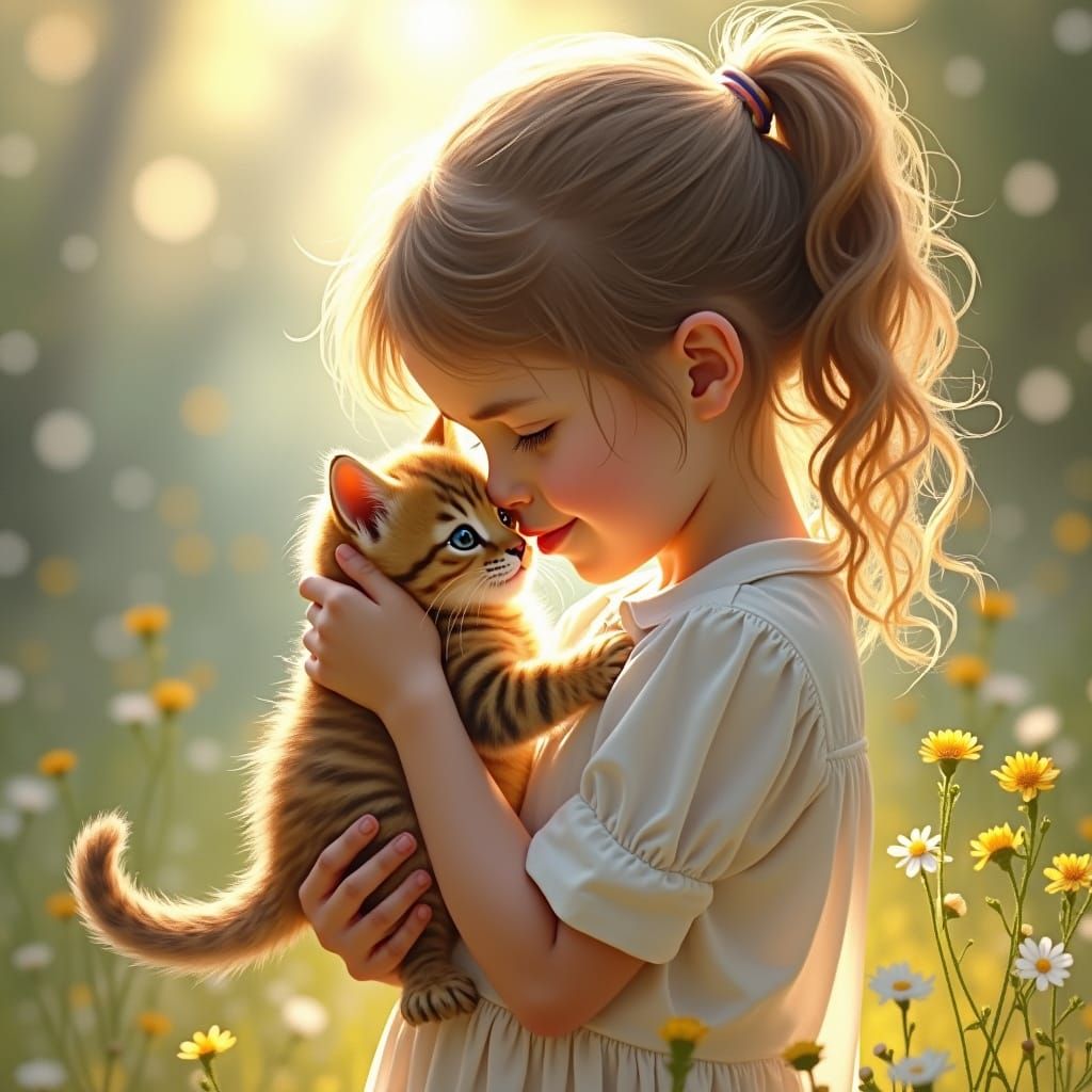 Girl Cradling Kitten in Sunlight: Storybook Illustration