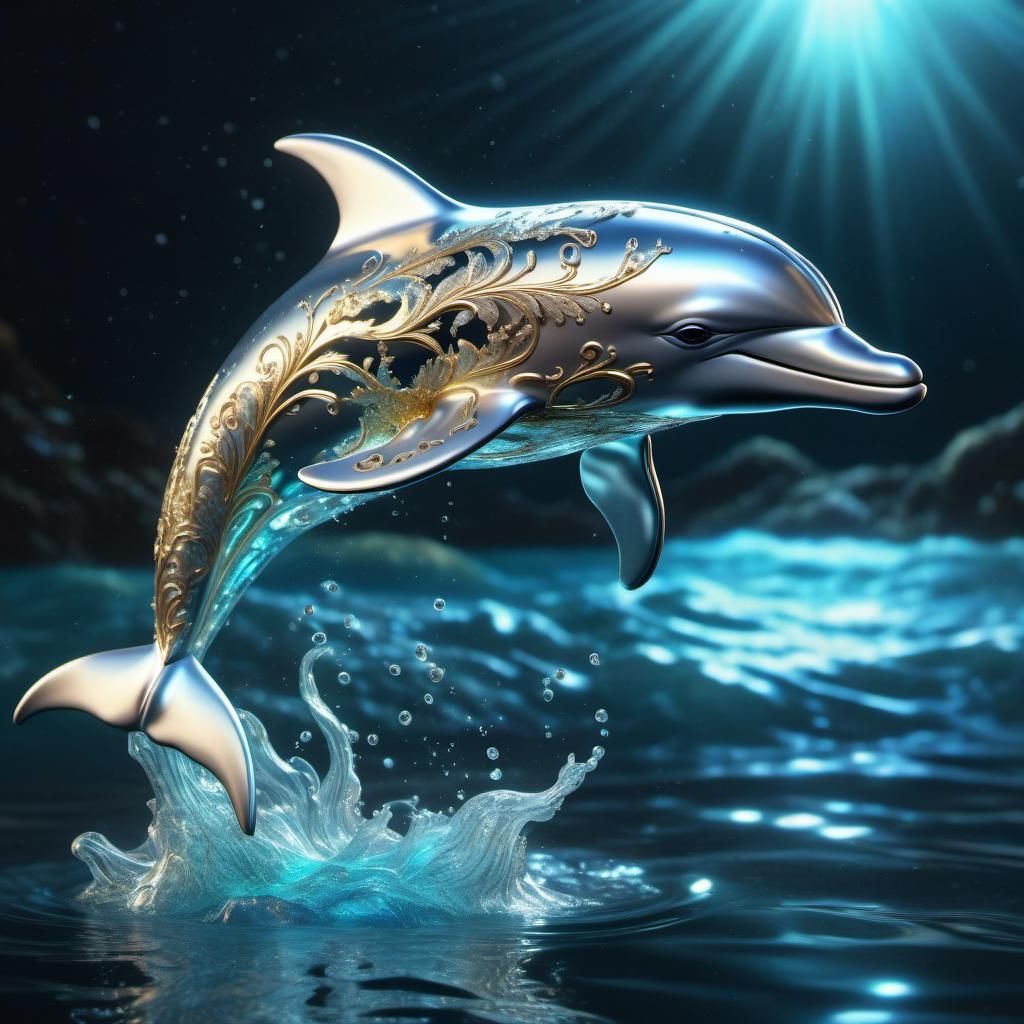 Luminous Fantasy Dolphin Leaping from Silver Ocean