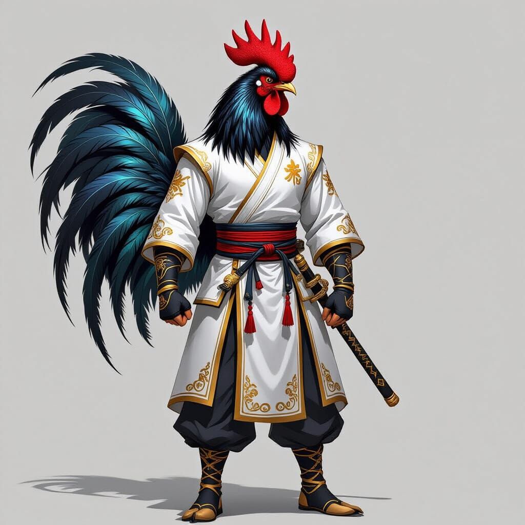 Proud Black Rooster Warrior in Kung Fu Uniform