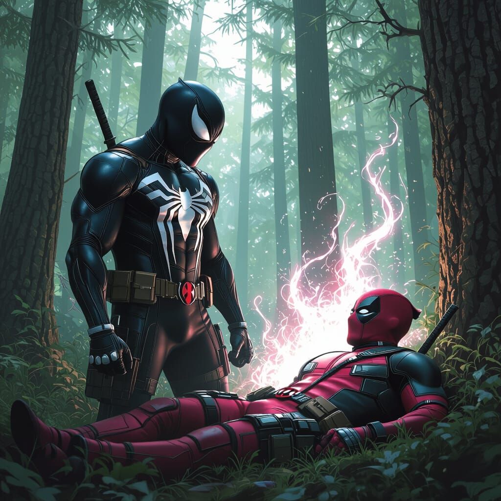 Venom and Deadpool in Forest with Magical Light