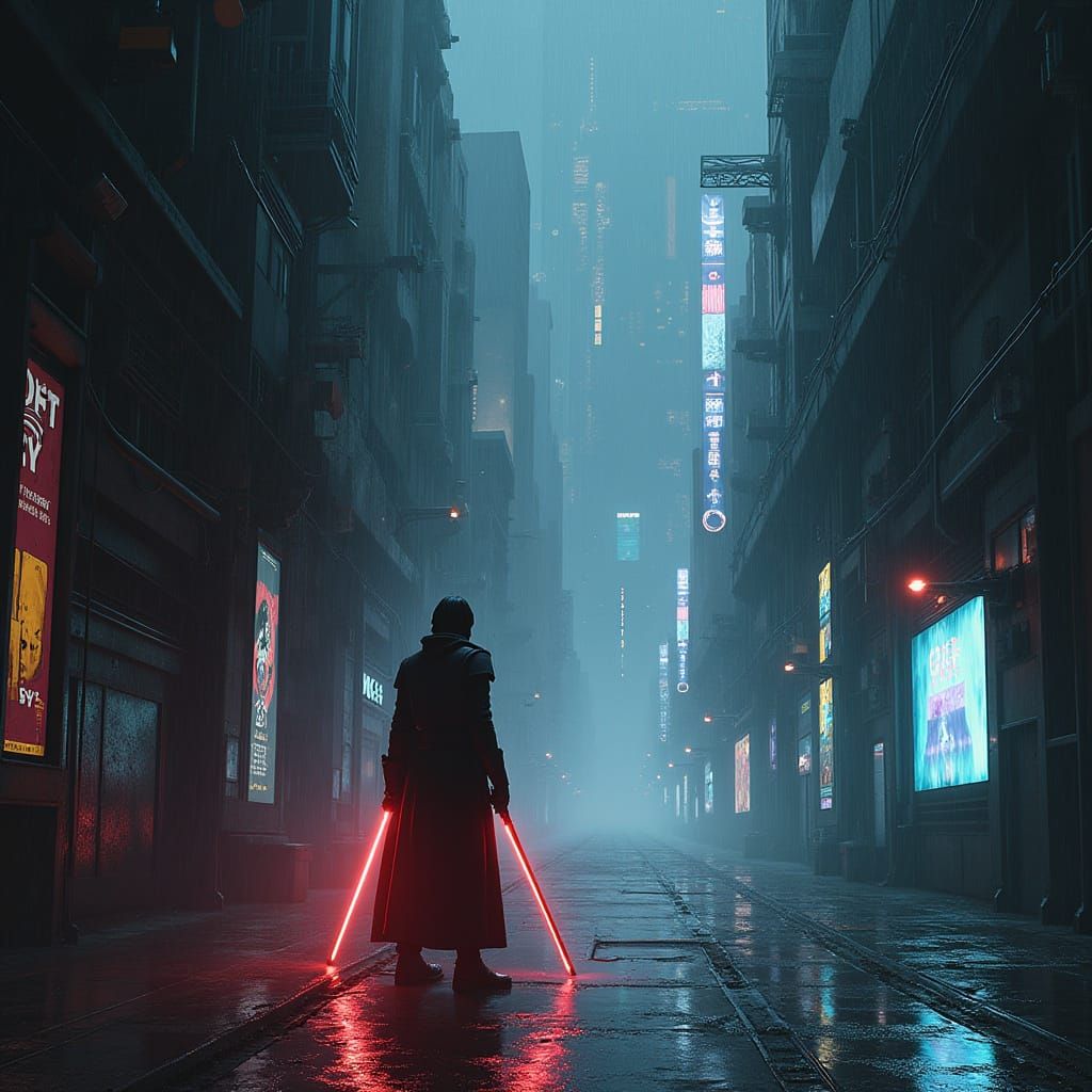 Mysterious Jedi Knight in a Cyberpunk Dystopia