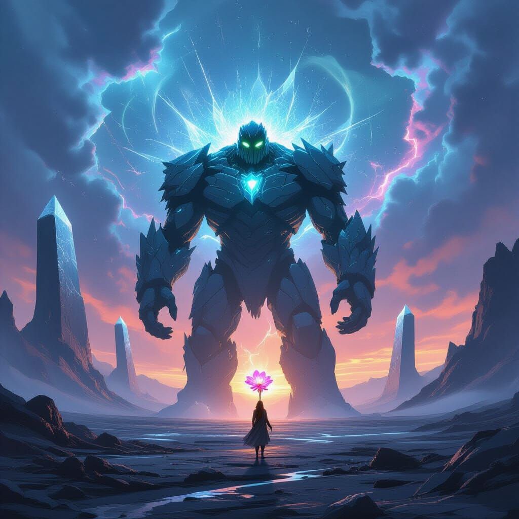 Crystal Golem Guardian With Ethereal Flower Concept Art