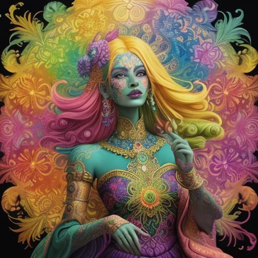 Cosmic Surrealism: Dragon Peacock Woman in Dreamscape