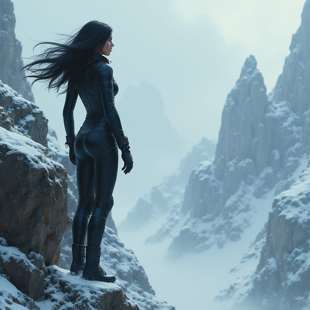 Latina Woman in Survival Suit Overlooking Snowy Landscape