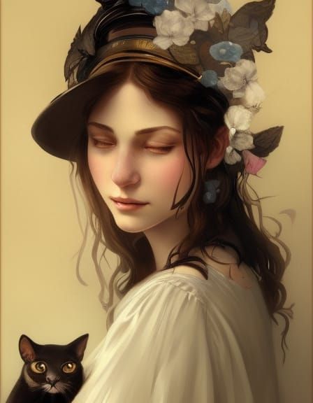 Victorian Woman Cuddling Cat: Art Nouveau Portrait