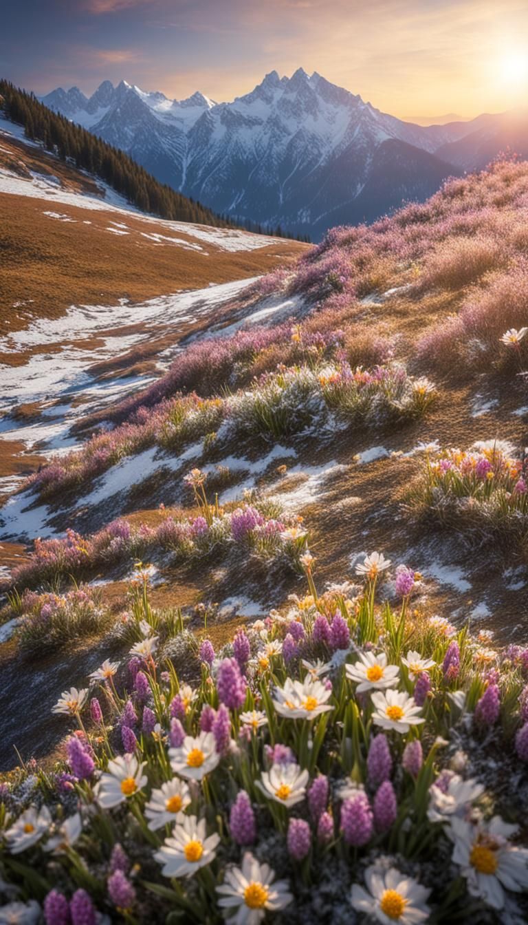 Spring Sunrise Over the Snowy Mountains