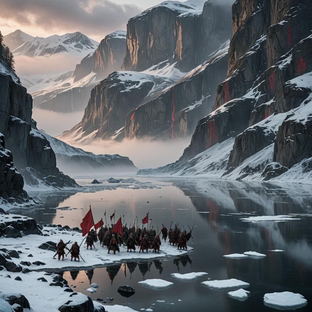 Viking Standoff on Frozen Fjord at Dusk