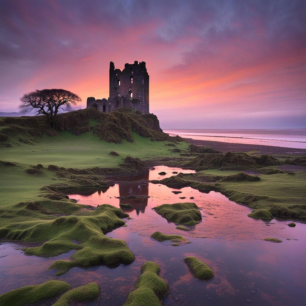 A castle ruins at sunrise