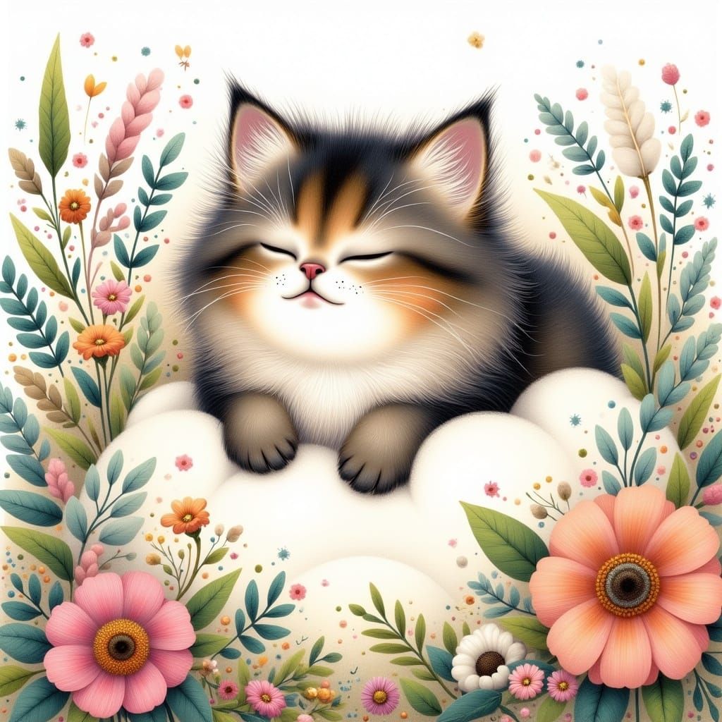 Whimsical Watercolor Kitten in Dreamy Wonderland