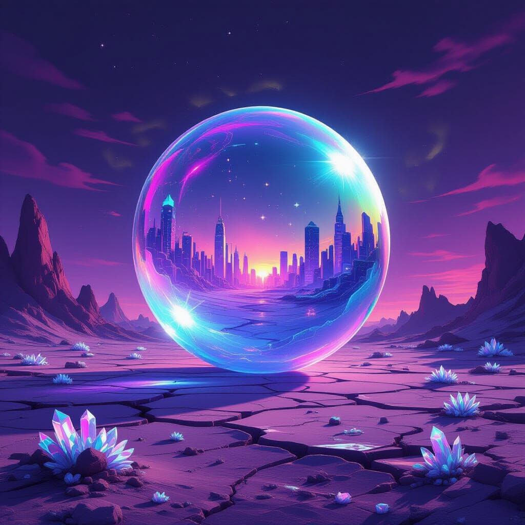 Giant Iridescent Bubble Over Alien Landscape