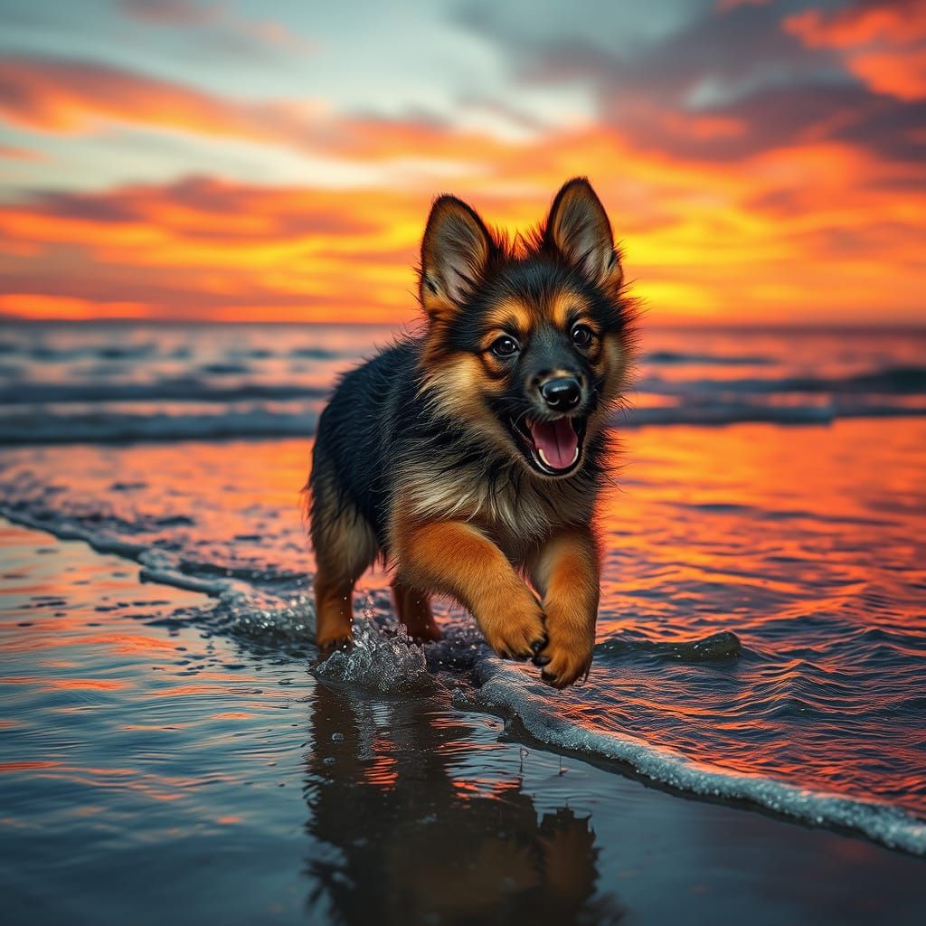 Joyful Baby German Shepherd Runs Along Sunset Shoreline