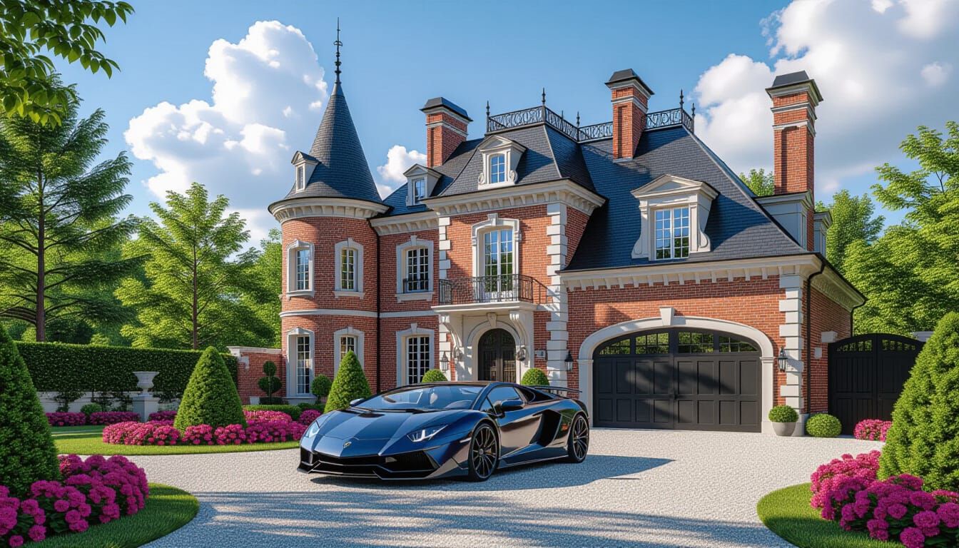 Grand Chateau with Lamborghini and Vibrant Garden