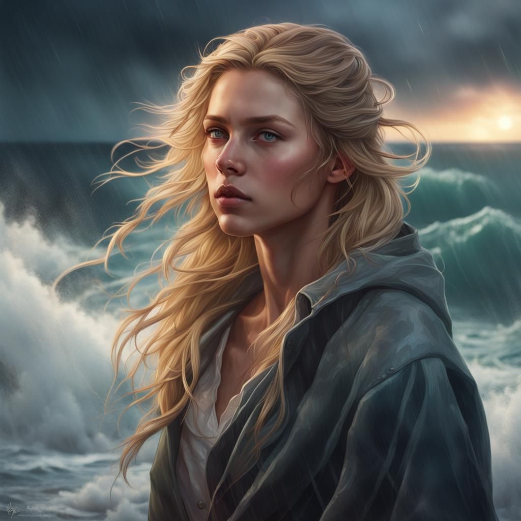 Girl on Stormy Seashore: Hyperdetailed Portrait