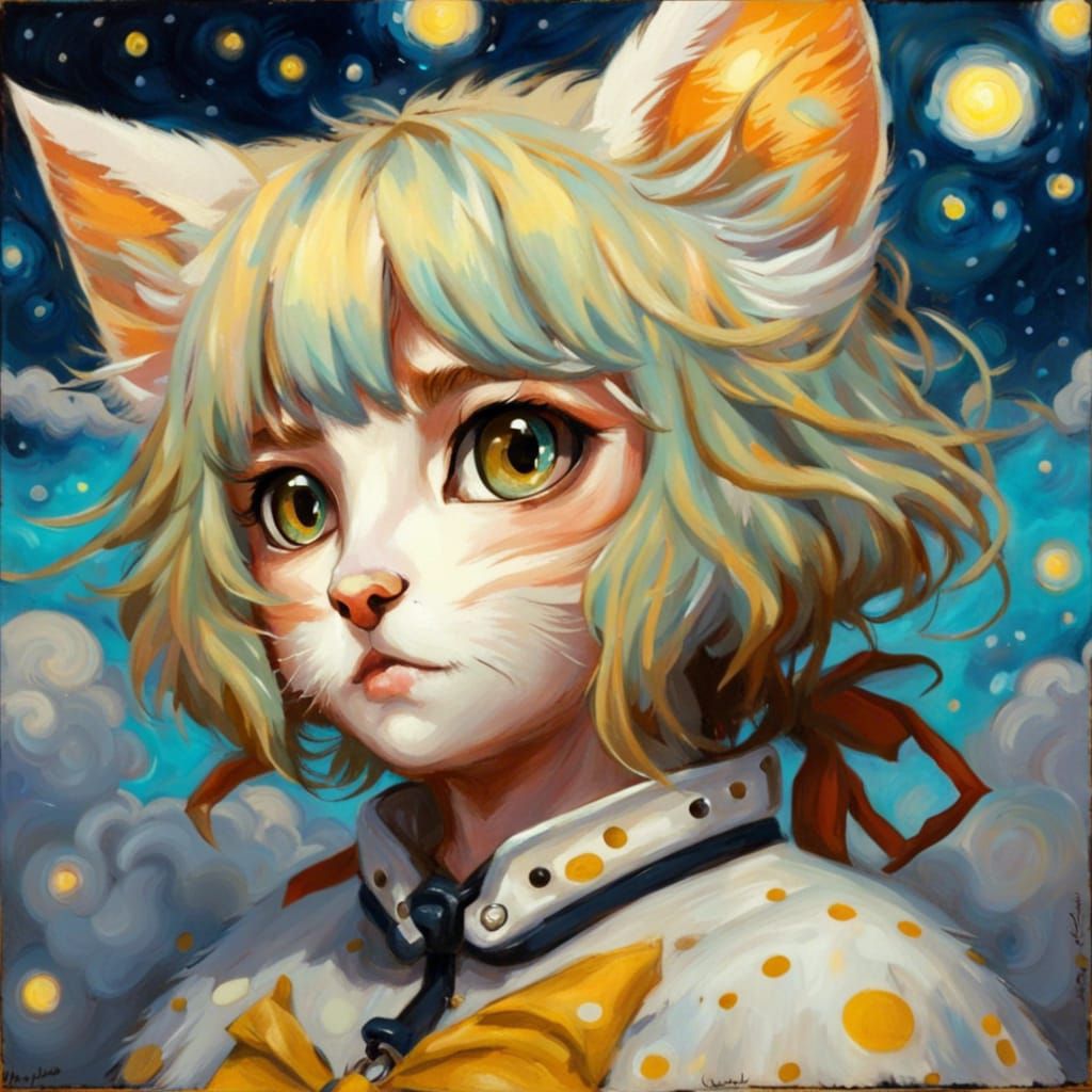 Anime Cat-Girl with Wings in Van Gogh Style