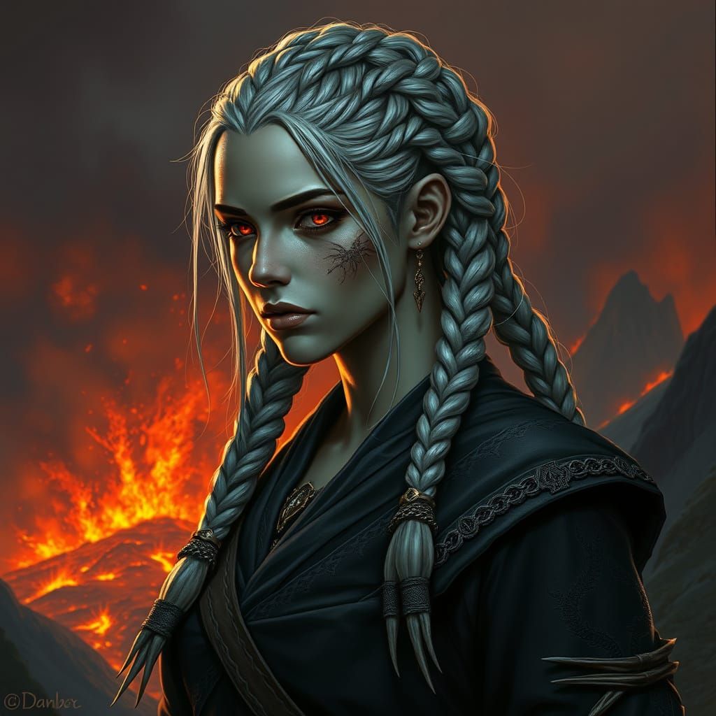 Dunmer Woman in Volcanic Light: Dark Fantasy Portrait
