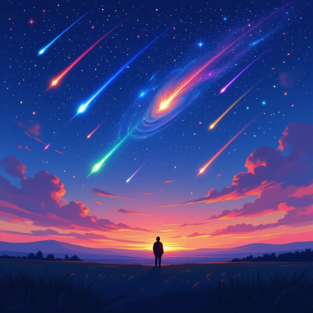 Starry Night with Multi-Colored Shooting Stars
