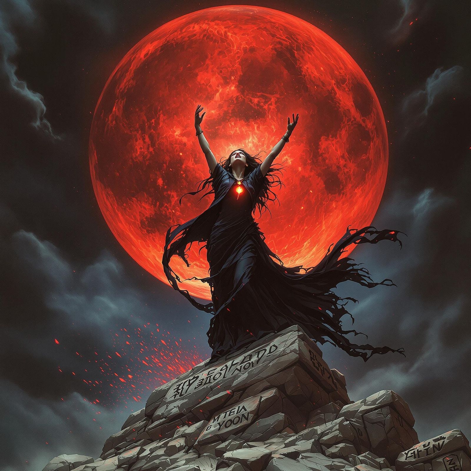 Ethereal Goddess Under Crimson Moonlight