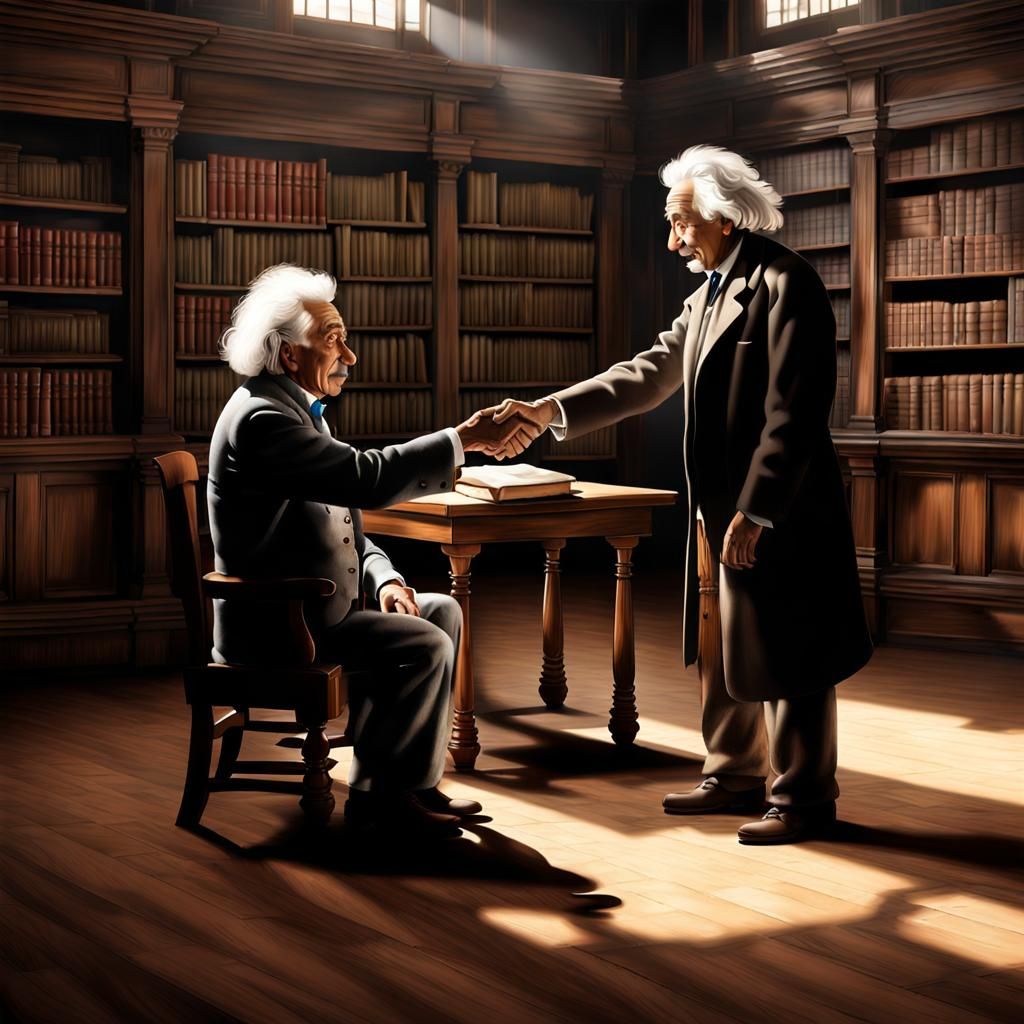 Einstein and Newton Shake Hands in Library