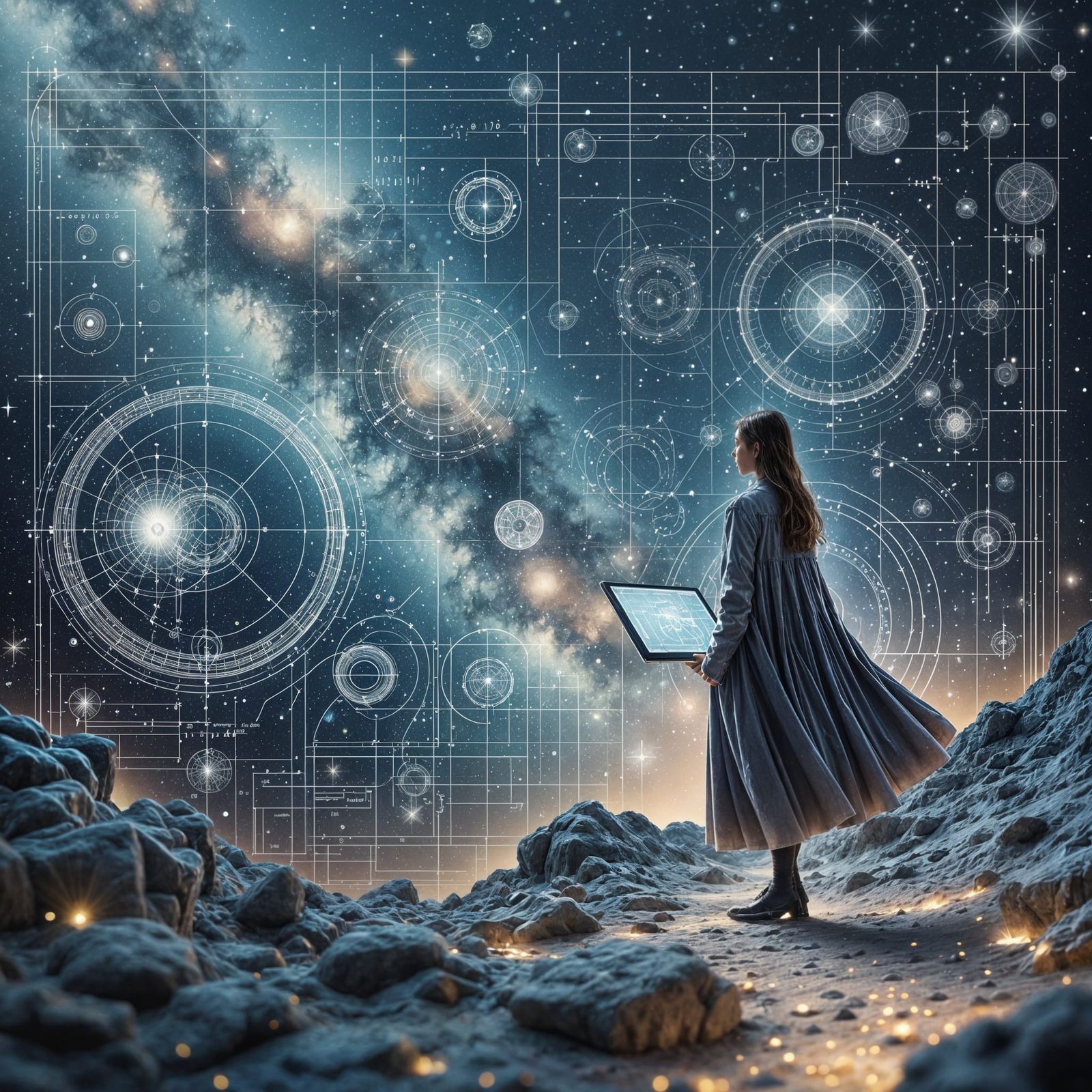 Blueprint Constellations Overlay on Starry Night Sky