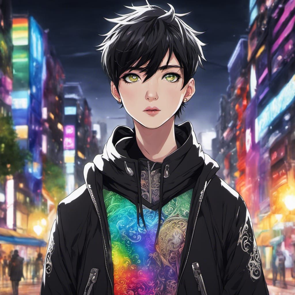 Anime Goth Boy with Rainbow Eyes in City