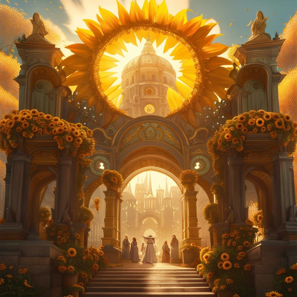 Heavenly City with Sunflower Angels and Golden Gates