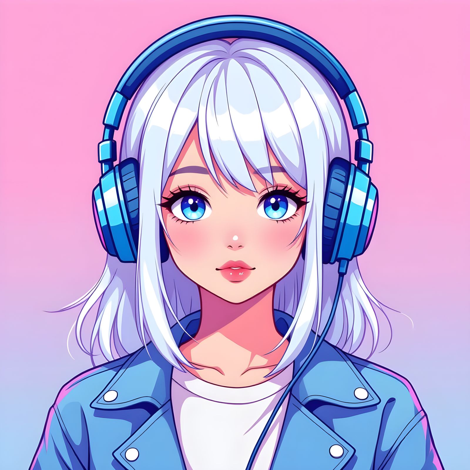 White-Haired Girl with Headphones on Pink Background