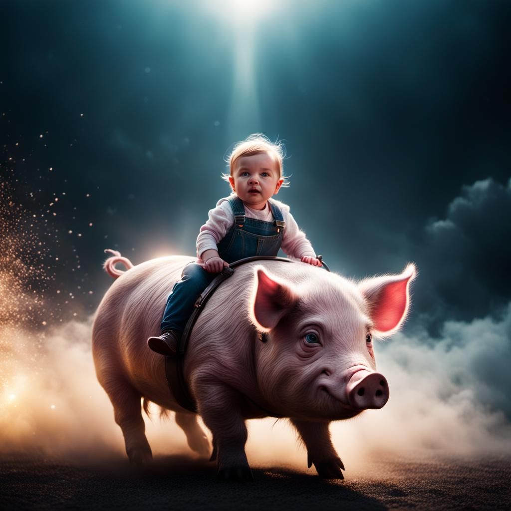Baby Rides Giant Pig in Dreamy Sky Scene