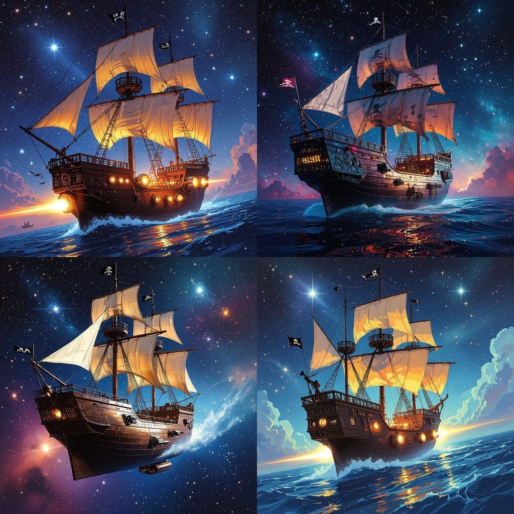 Pirate Ship Sailing Through Cosmic Nebula