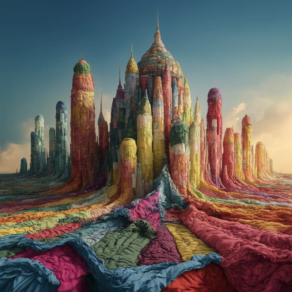 Vibrant Patchwork Metropolis Unfolds in Textured Splendor