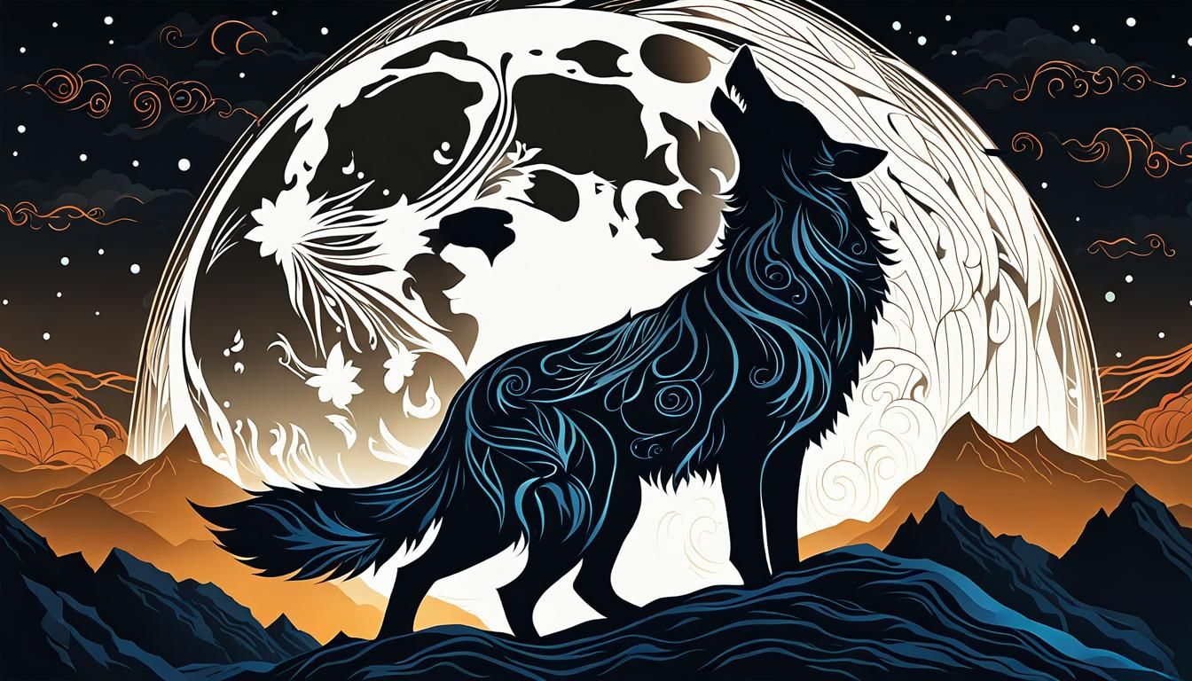 Wolf Howling at Moon in Bioluminescent Landscape