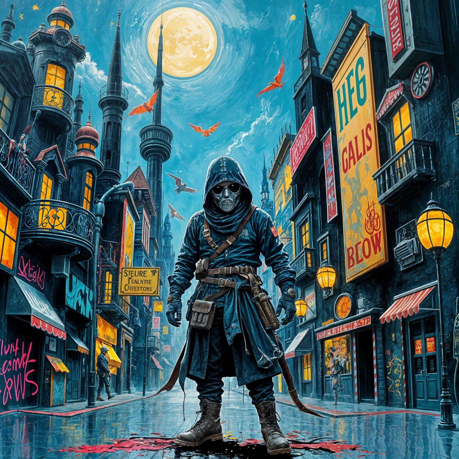 Gas Mask Hero in Fantasypunk Cityscape