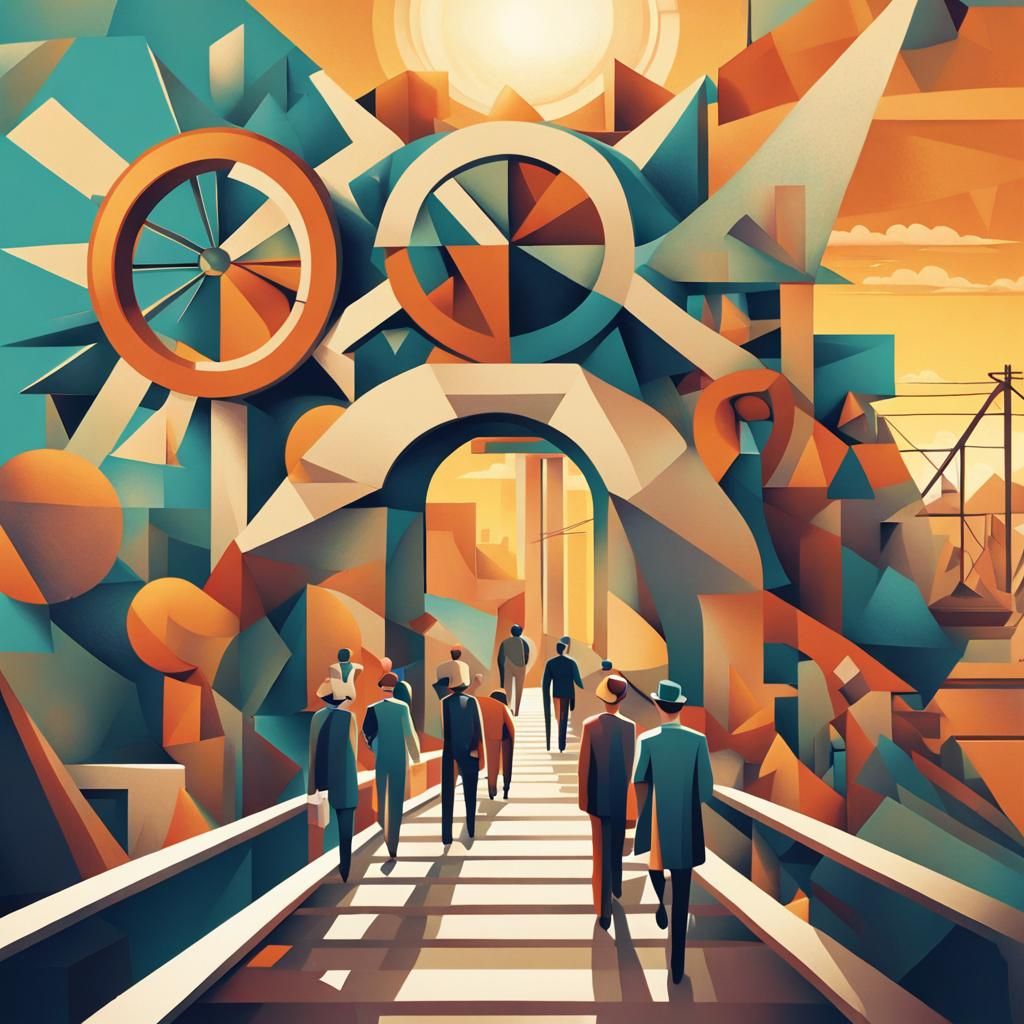 Engineers Crossing Bridge in Cubist Art Deco Style