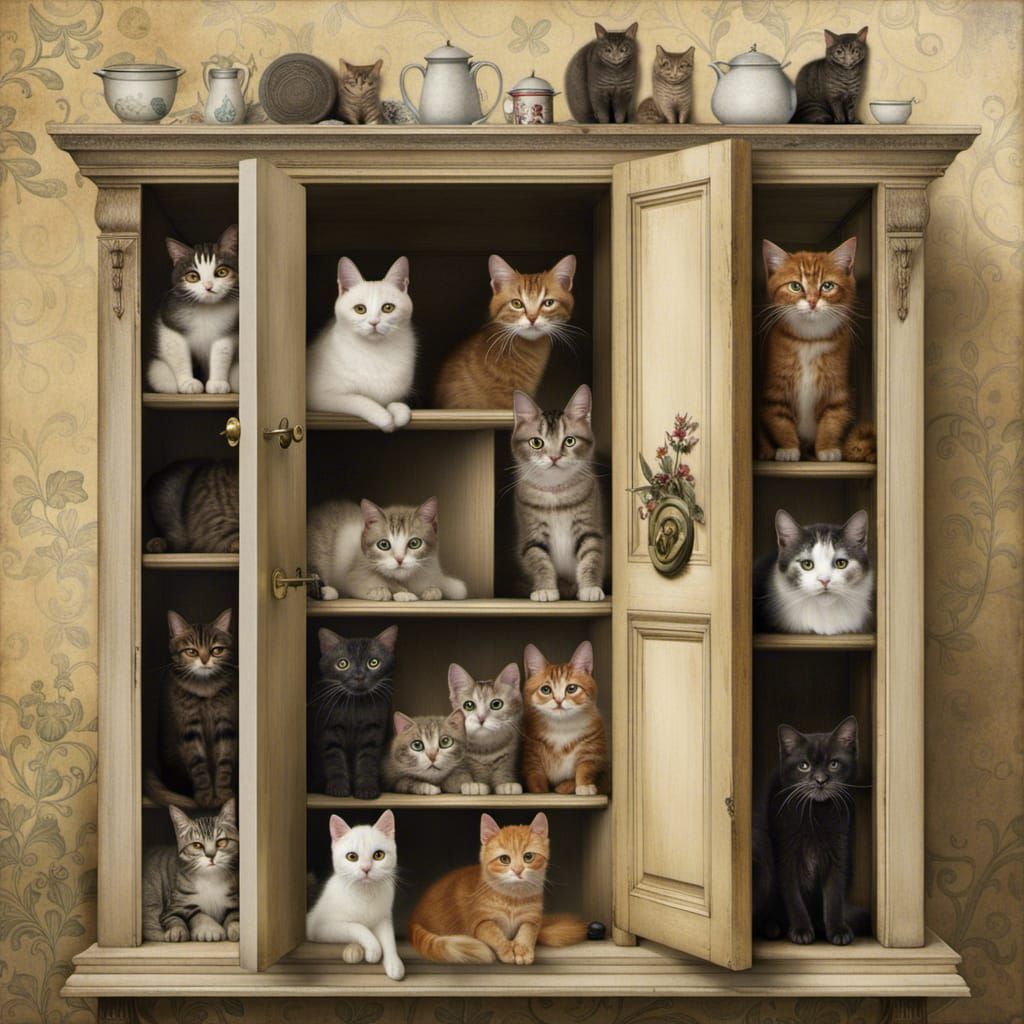 Cats in Cupboard: Intricate Art by Pacheco Style