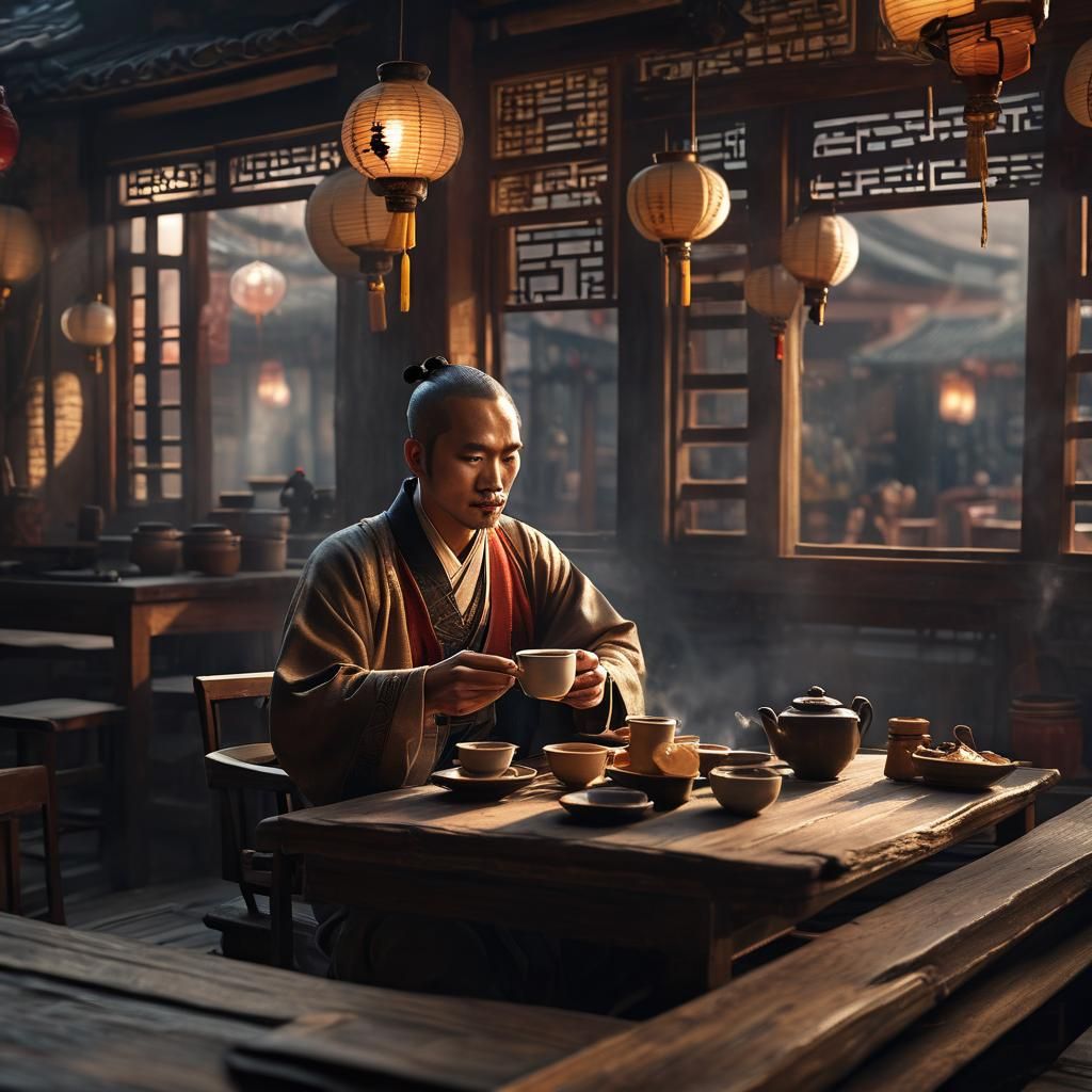 Man Drinking Tea in Traditional Chinese Cafe