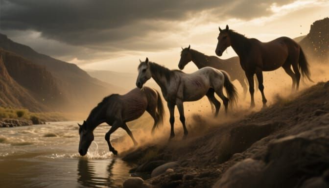 Majestic Horses Seek Water Near Steep Riverbank
