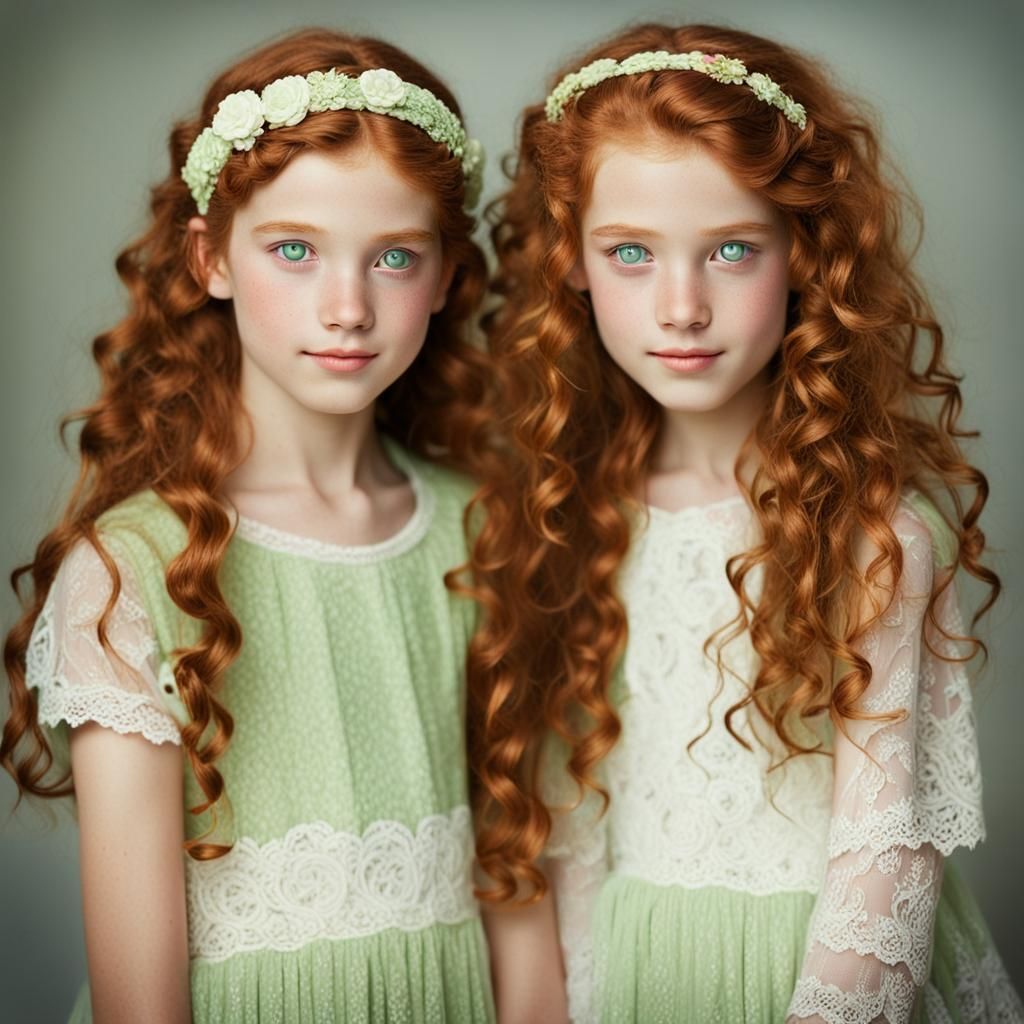 Red-Haired Twins with Lacy Dresses
