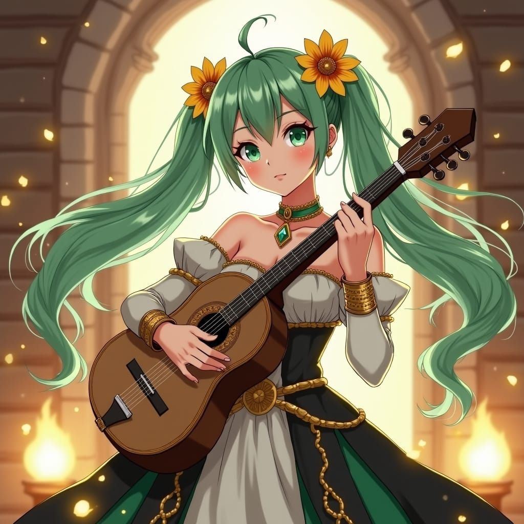 Anime Woman Plays Magical Lute in Tavern