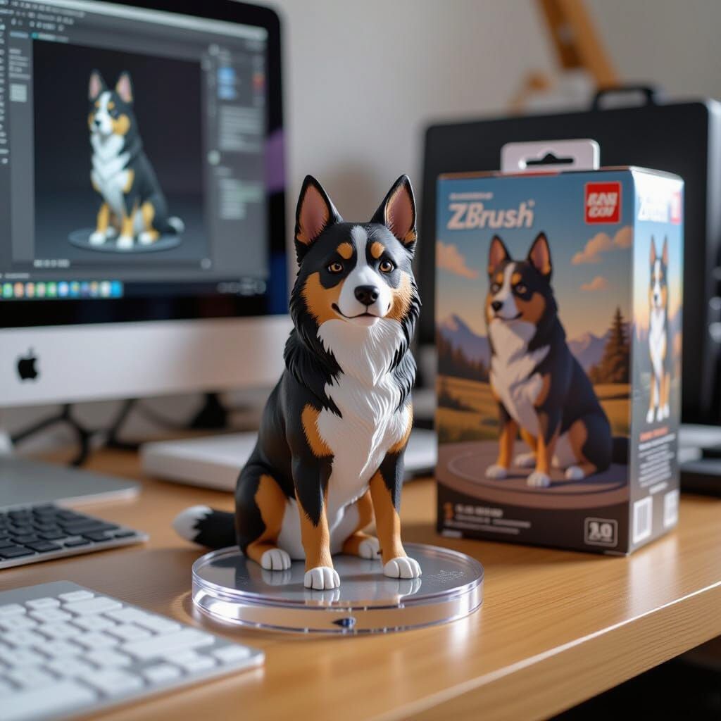 Realistic Dog Figurine on Computer Desk