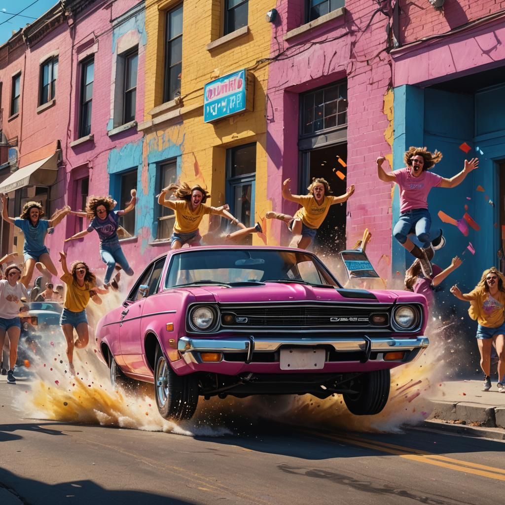 1973 Dodge Dart on Two Wheels: Hyperrealistic Splash Art