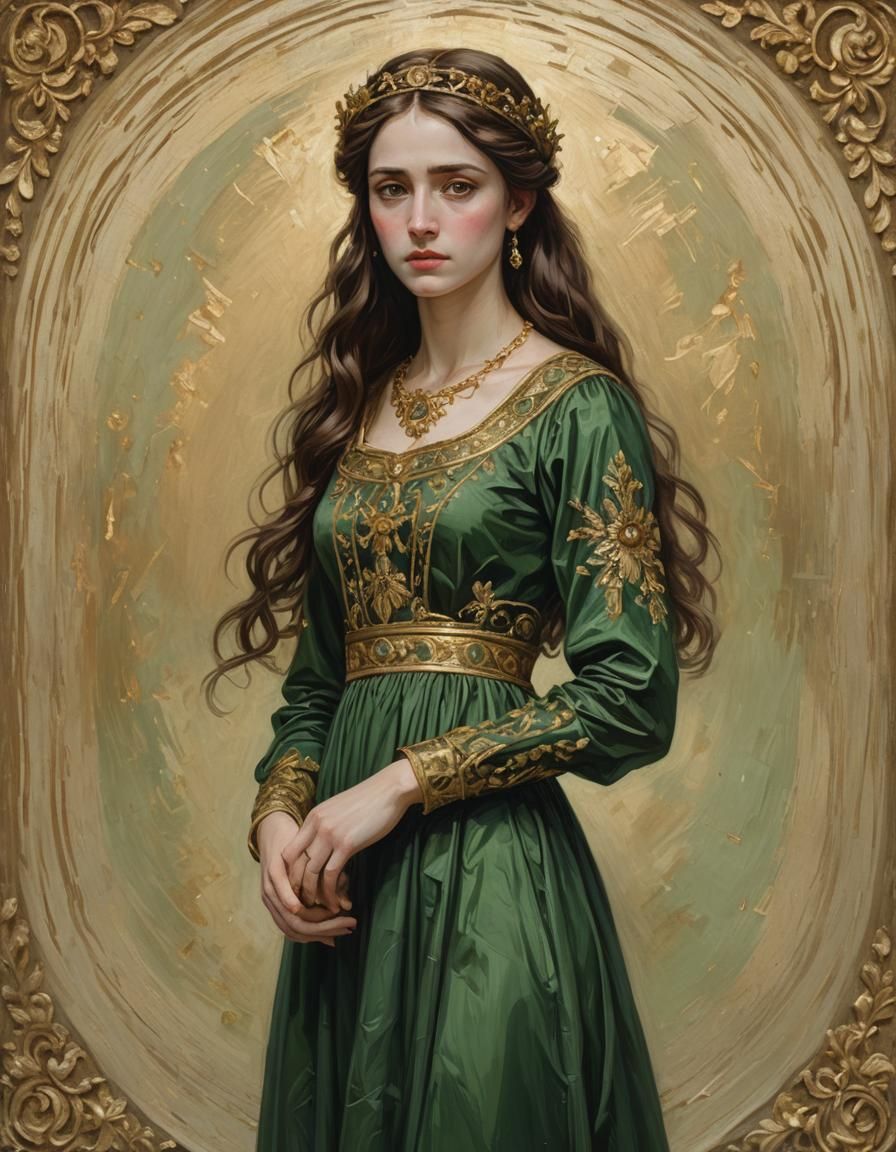 Renaissance Style Portrait of Anxious Woman in Green Dress