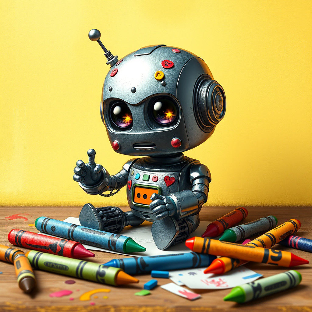 Adorable Cartoon Robot Creates Art in Children's Book Style