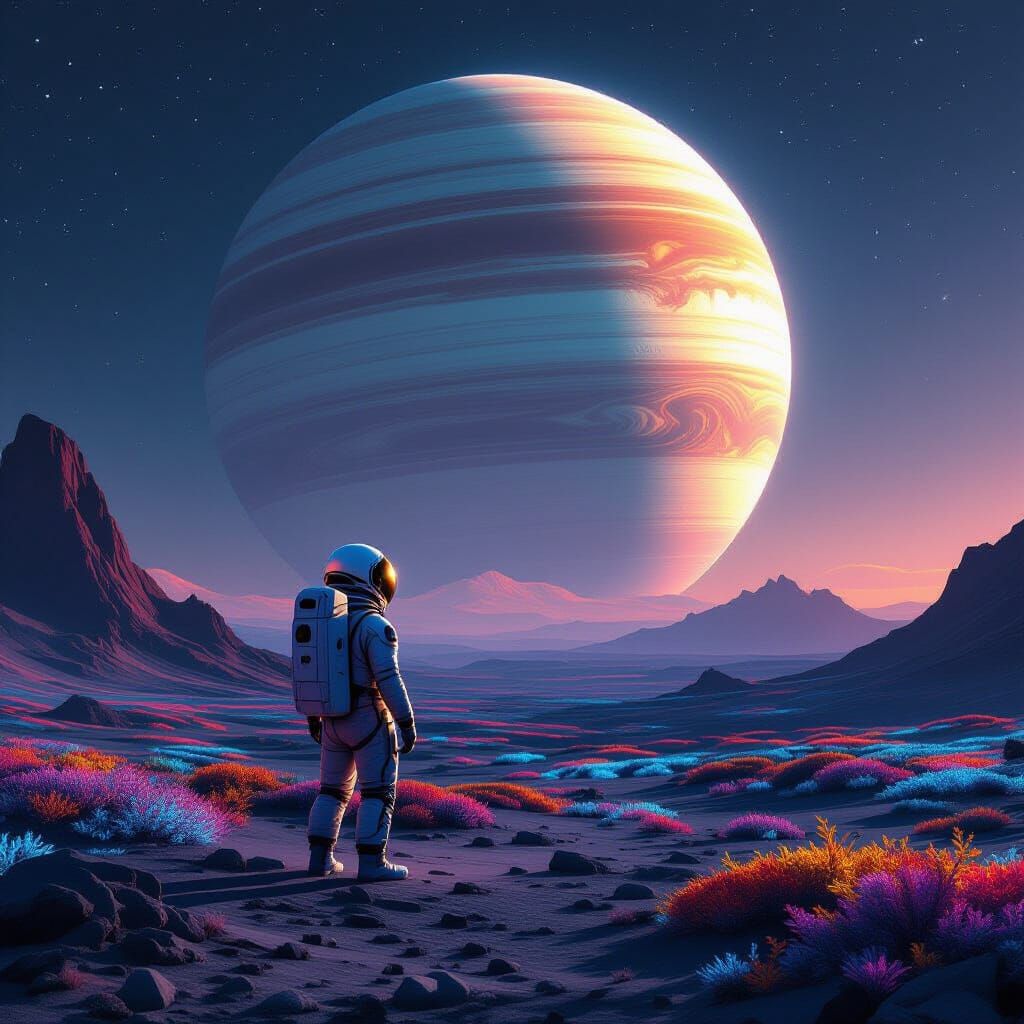 Astronaut on Alien Planet Gazing at Gas Giant