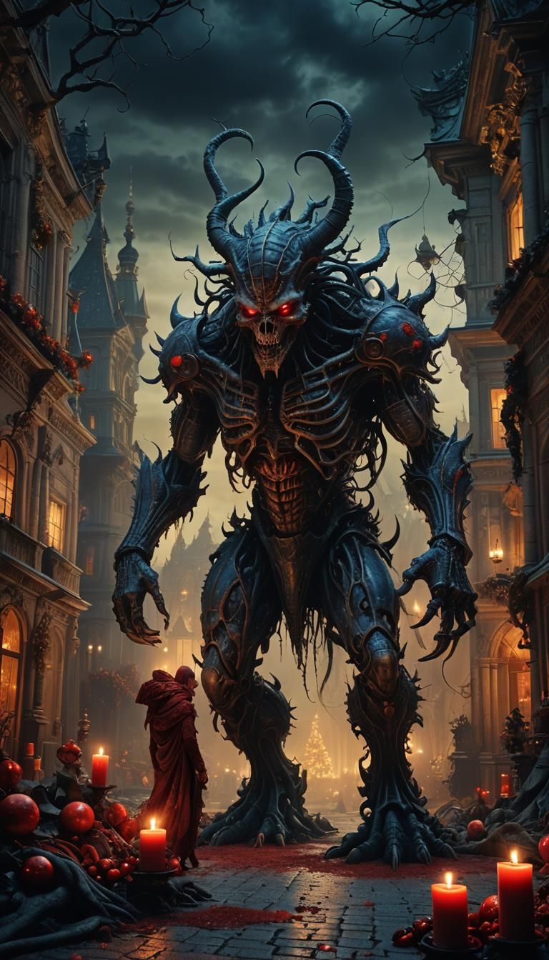 Grotesque Creature in Haunted Christmas Scene