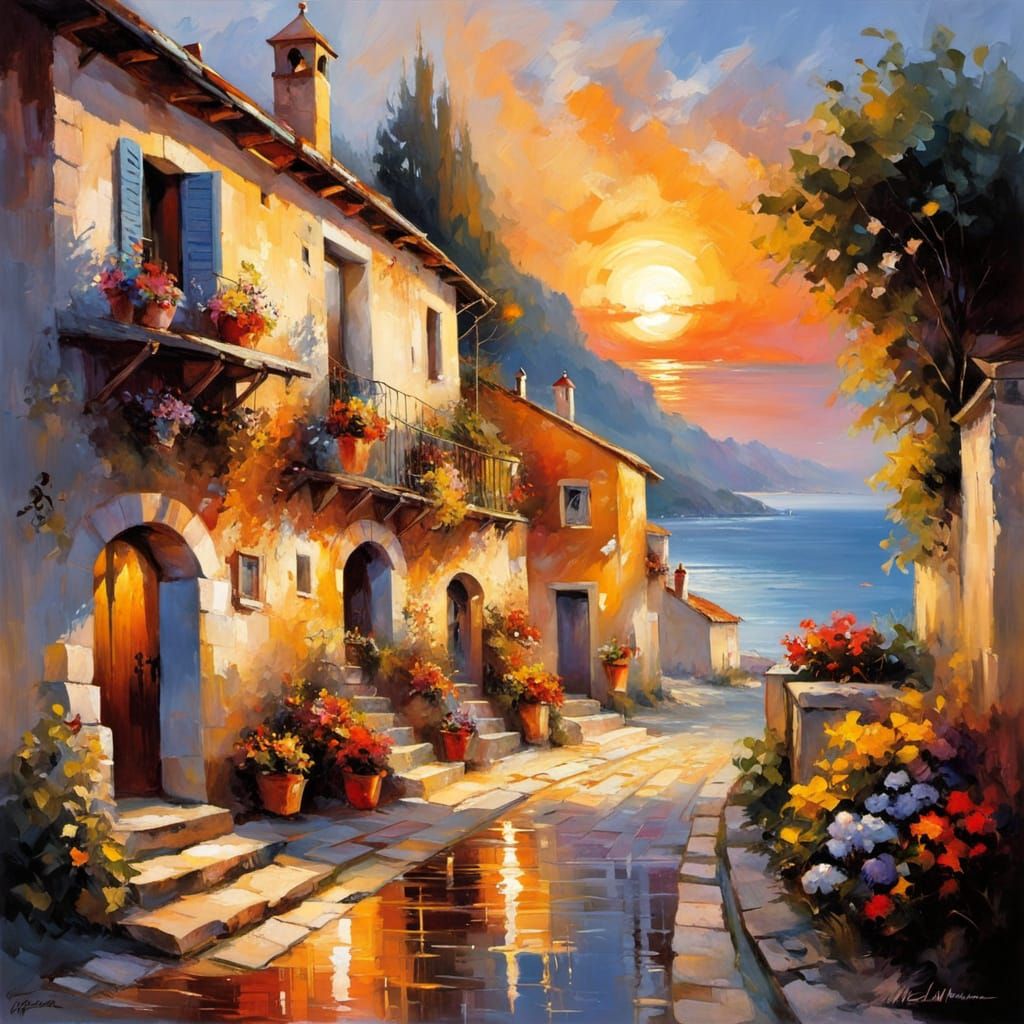 Seaside Hamlet Under Vibrant Sunset Sky