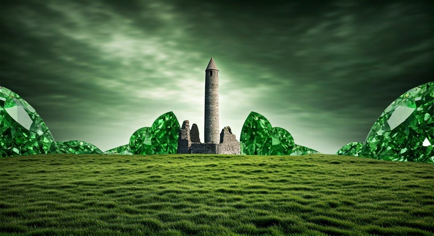 Emerald Irish Landscape with Ancient Round Tower